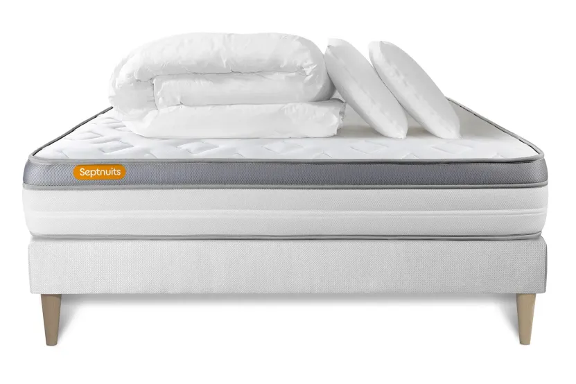 Pack lit complet 140x190 cm - Matelas + Sommier Blanc (en kit) + 2 oreillers + Couette - Memo Zen