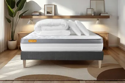 Pack lit complet 140x200 cm - Matelas + Sommier Gris + 2 oreillers + Couette - Memo Zen