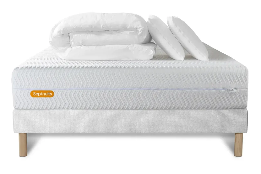 Pack lit complet 140x200 cm - Matelas + Sommier Blanc + 2 oreillers + Couette - Memo Bio