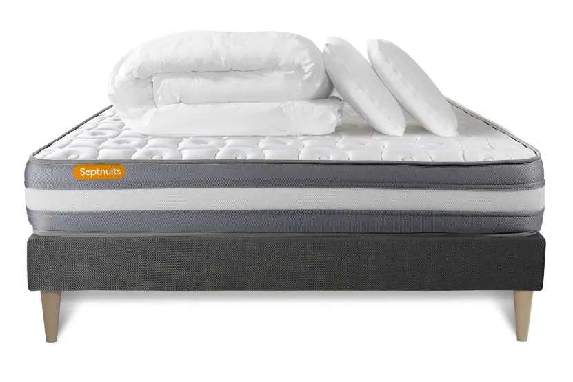 Pack lit complet 200x200 cm - Matelas + Sommier Gris (en kit) + 2 oreillers + Couette - Memo Plus