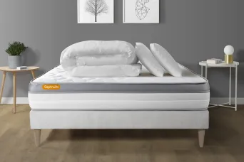 Pack lit complet 160x200 cm - Matelas + Sommier Blanc (en kit) + 2 oreillers + Couette - Memo Zen