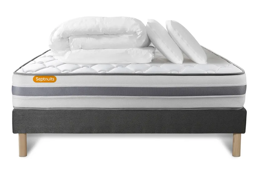 Pack lit complet 140x200 cm - Matelas + Sommier Gris + 2 oreillers + Couette - Memo Spring