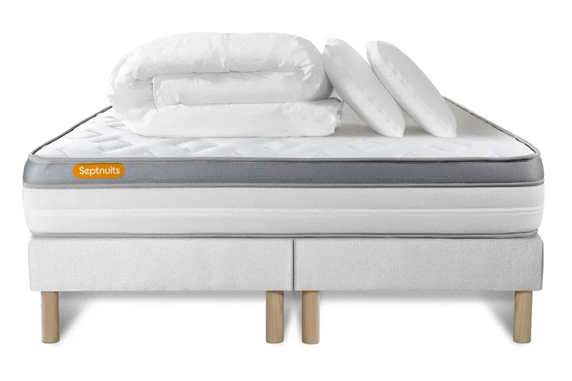 Pack lit complet 200x200 cm - Matelas + 2 Sommiers Blancs + 2 oreillers + Couette - Memo Zen