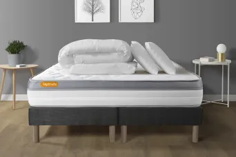 Pack lit complet 160x200 cm - Matelas + 2 Sommiers Gris + 2 oreillers + Couette - Memo Zen