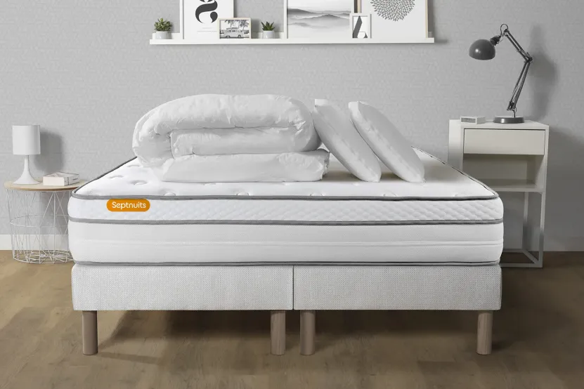 Pack lit complet 200x200 cm - Matelas + 2 Sommiers Blancs + 2 oreillers + Couette - Memo Luxe