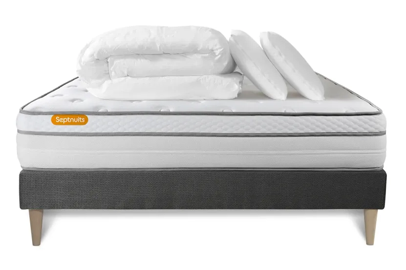 Pack lit complet 200x200 cm - Matelas + Sommier Gris (en kit) + 2 oreillers + Couette - Memo Luxe