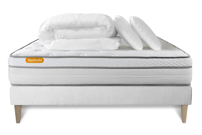 Pack lit complet 180x200 cm - Matelas + Sommier Blanc (en kit) + 2 oreillers + Couette - Memo Luxe