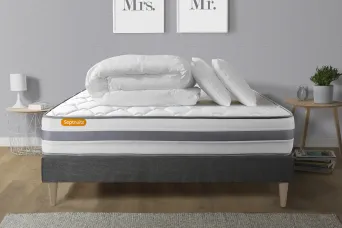 Pack lit complet 160x200 cm - Matelas + Sommier Gris (en kit) + 2 oreillers + Couette - Memo Spring