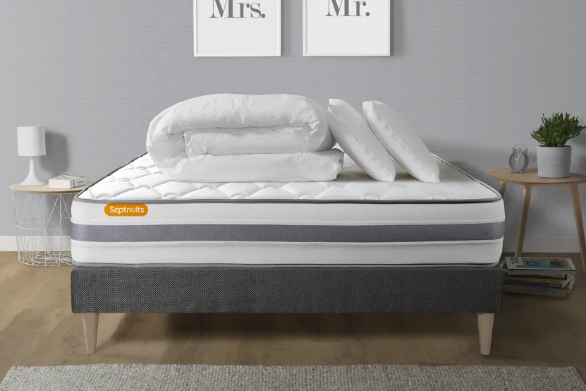 Pack lit complet 180x200 cm - Matelas + Sommier Gris (en kit) + 2 oreillers + Couette - Memo Spring