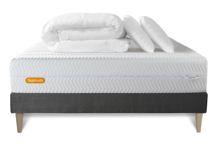 Pack lit complet 160x200 cm - Matelas + Sommier Gris (en kit) + 2 oreillers + Couette - Memo Bio