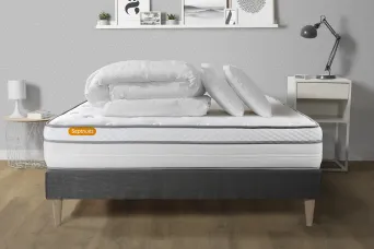 Pack lit complet 140x190 cm - Matelas + Sommier Gris (en kit) + 2 oreillers + Couette - Memo Luxe