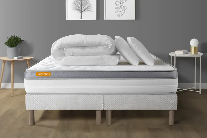 Pack lit complet 180x200 cm - Matelas + 2 Sommiers Blancs + 2 oreillers + Couette - Memo Zen