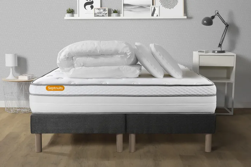 Pack lit complet 180x200 cm - Matelas + 2 Sommiers Gris + 2 oreillers + Couette - Memo Luxe