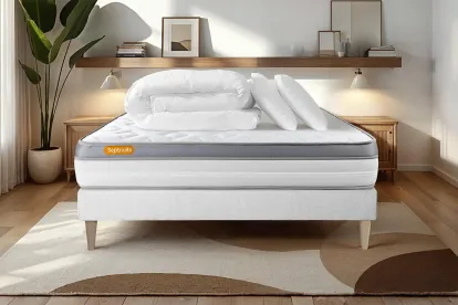 Pack lit complet 140x200 cm - Matelas + Sommier Blanc + 2 oreillers + Couette - Memo Zen