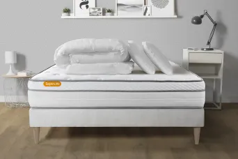 Pack lit complet 200x200 cm - Matelas + Sommier Blanc (en kit) + 2 oreillers + Couette - Memo Luxe