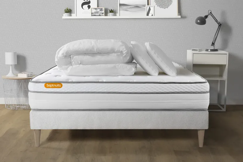 Pack lit complet 200x200 cm - Matelas + Sommier Blanc (en kit) + 2 oreillers + Couette - Memo Luxe