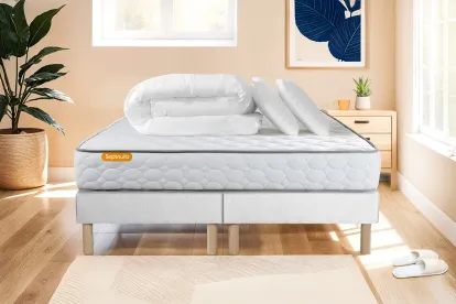 Pack lit complet 200x200 cm - Matelas + 2 Sommiers Blancs + 2 oreillers + Couette - Memo