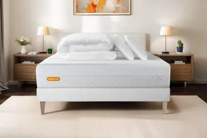 Pack lit complet 160x200 cm - Matelas + Sommier Blanc + 2 oreillers + Couette - Memo Bio