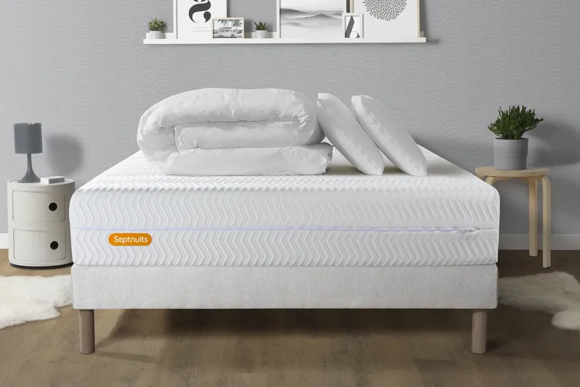 Pack lit complet 160x200 cm - Matelas + Sommier Blanc + 2 oreillers + Couette - Memo Bio