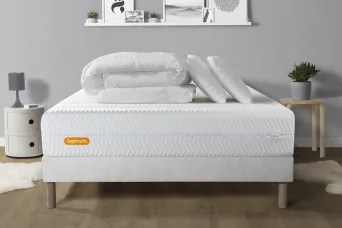 Pack lit complet 140x200 cm - Matelas + Sommier Blanc + 2 oreillers + Couette - Memo Bio