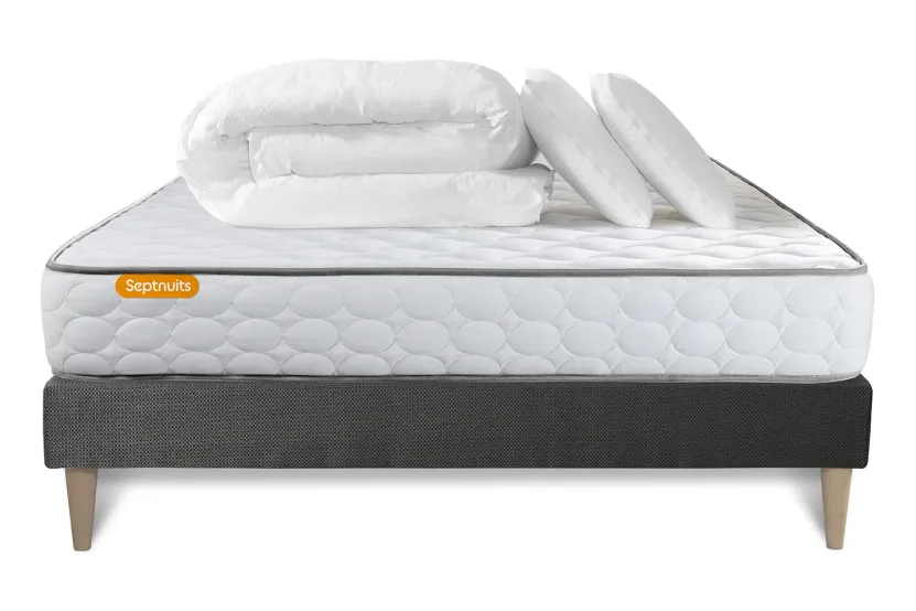 Pack lit complet 180x200 cm - Matelas + Sommier Gris (en kit) + 2 oreillers + Couette - Memo