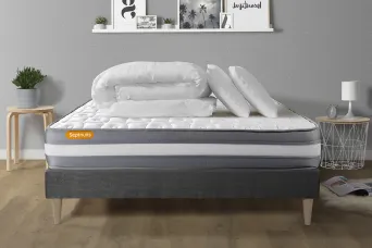 Pack lit complet 200x200 cm - Matelas + Sommier Gris (en kit) + 2 oreillers + Couette - Memo Plus