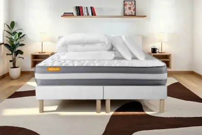 Pack lit complet 200x200 cm - Matelas + 2 Sommiers Blancs + 2 oreillers + Couette - Memo Plus