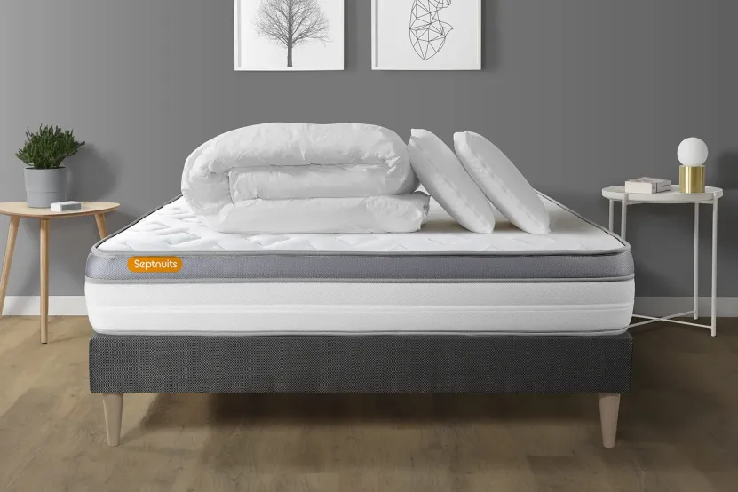 Pack lit complet 160x200 cm - Matelas + Sommier Gris (en kit) + 2 oreillers + Couette - Memo Zen