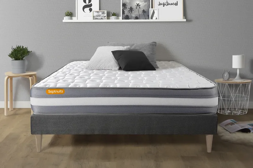 Ensemble Matelas Sommier 140x190 cm - Sommier Gris (en kit) - Memo Plus