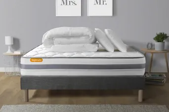 Pack lit complet 140x190 cm - Matelas + Sommier Gris + 2 oreillers + Couette - Memo Spring