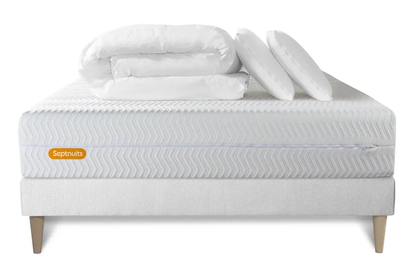 Pack lit complet 140x200 cm - Matelas + Sommier Blanc (en kit) + 2 oreillers + Couette - Memo Bio