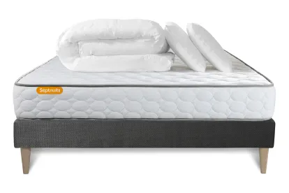 Pack lit complet 160x200 cm - Matelas + Sommier Gris (en kit) + 2 oreillers + Couette - Memo