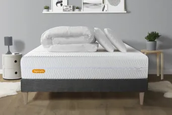 Pack lit complet 160x200 cm - Matelas + Sommier Gris (en kit) + 2 oreillers + Couette - Memo Bio