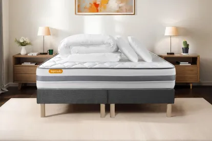 Pack lit complet 160x200 cm - Matelas + 2 Sommiers Gris + 2 oreillers + Couette - Memo Spring