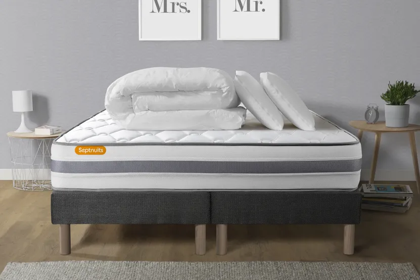 Pack lit complet 160x200 cm - Matelas + 2 Sommiers Gris + 2 oreillers + Couette - Memo Spring