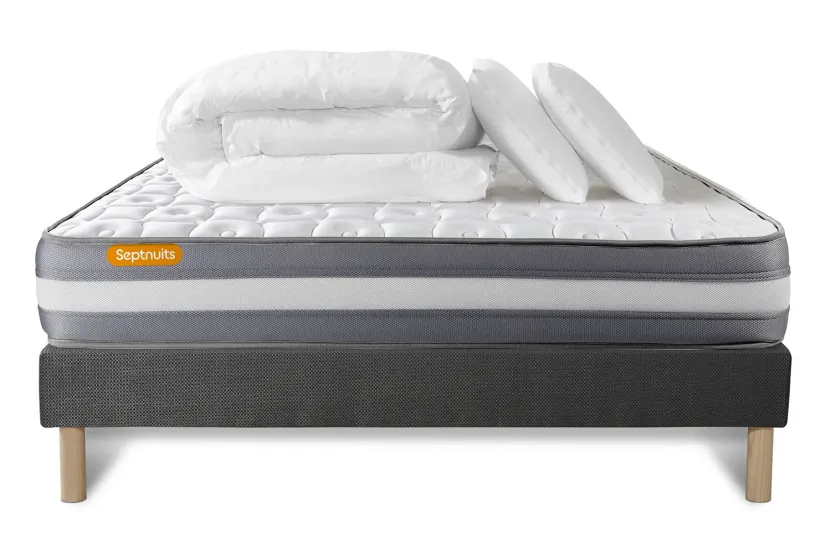 Pack lit complet 140x190 cm - Matelas + Sommier Gris + 2 oreillers + Couette - Memo Plus