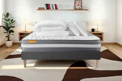 Pack lit complet 140x190 cm - Matelas + Sommier Gris + 2 oreillers + Couette - Memo Plus