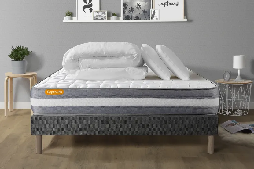 Pack lit complet 140x190 cm - Matelas + Sommier Gris + 2 oreillers + Couette - Memo Plus