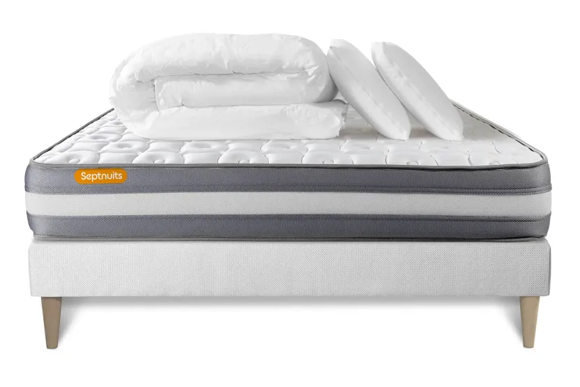 Pack lit complet 160x200 cm - Matelas + Sommier Blanc (en kit) + 2 oreillers + Couette - Memo Plus