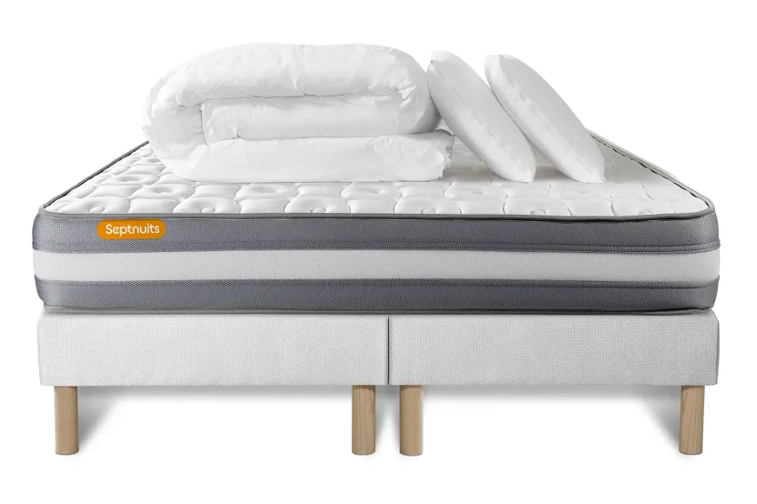 Pack lit complet 160x200 cm - Matelas + 2 Sommiers Blancs + 2 oreillers + Couette - Memo Plus