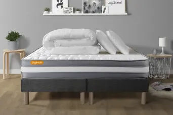 Pack lit complet 160x200 cm - Matelas + 2 Sommiers Gris + 2 oreillers + Couette - Memo Plus