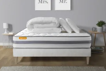 Pack lit complet 180x200 cm - Matelas + Sommier Blanc (en kit) + 2 oreillers + Couette - Memo Spring