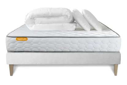 Pack lit complet 140x200 cm - Matelas + Sommier Blanc (en kit) + 2 oreillers + Couette - Memo