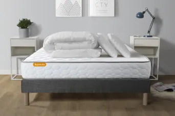 Pack lit complet 160x200 cm - Matelas + Sommier Gris + 2 oreillers + Couette - Memo