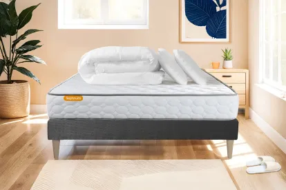 Pack lit complet 160x200 cm - Matelas + Sommier Gris + 2 oreillers + Couette - Memo