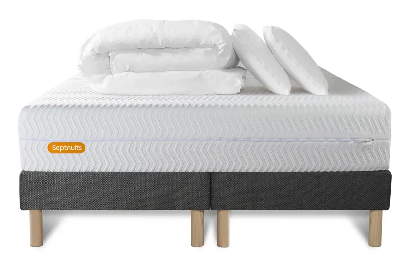 Pack lit complet 200x200 cm - Matelas + 2 Sommiers Gris + 2 oreillers + Couette - Memo Bio