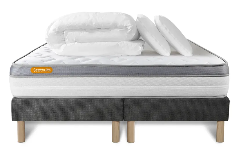 Pack lit complet 180x200 cm - Matelas + 2 Sommiers Gris + 2 oreillers + Couette - Memo Zen