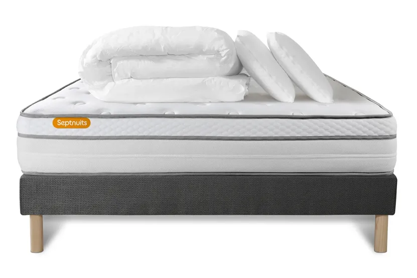 Pack lit complet 160x200 cm - Matelas + Sommier Gris + 2 oreillers + Couette - Memo Luxe