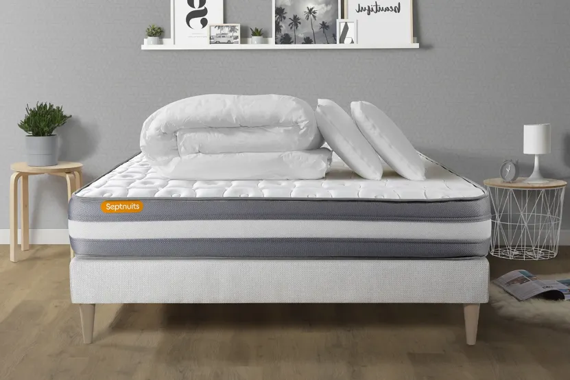 Pack lit complet 180x200 cm - Matelas + Sommier Blanc (en kit) + 2 oreillers + Couette - Memo Plus