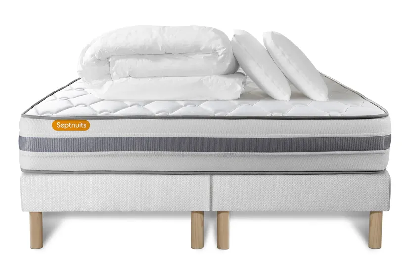 Pack lit complet 160x200 cm - Matelas + 2 Sommiers Blancs + 2 oreillers + Couette - Memo Spring